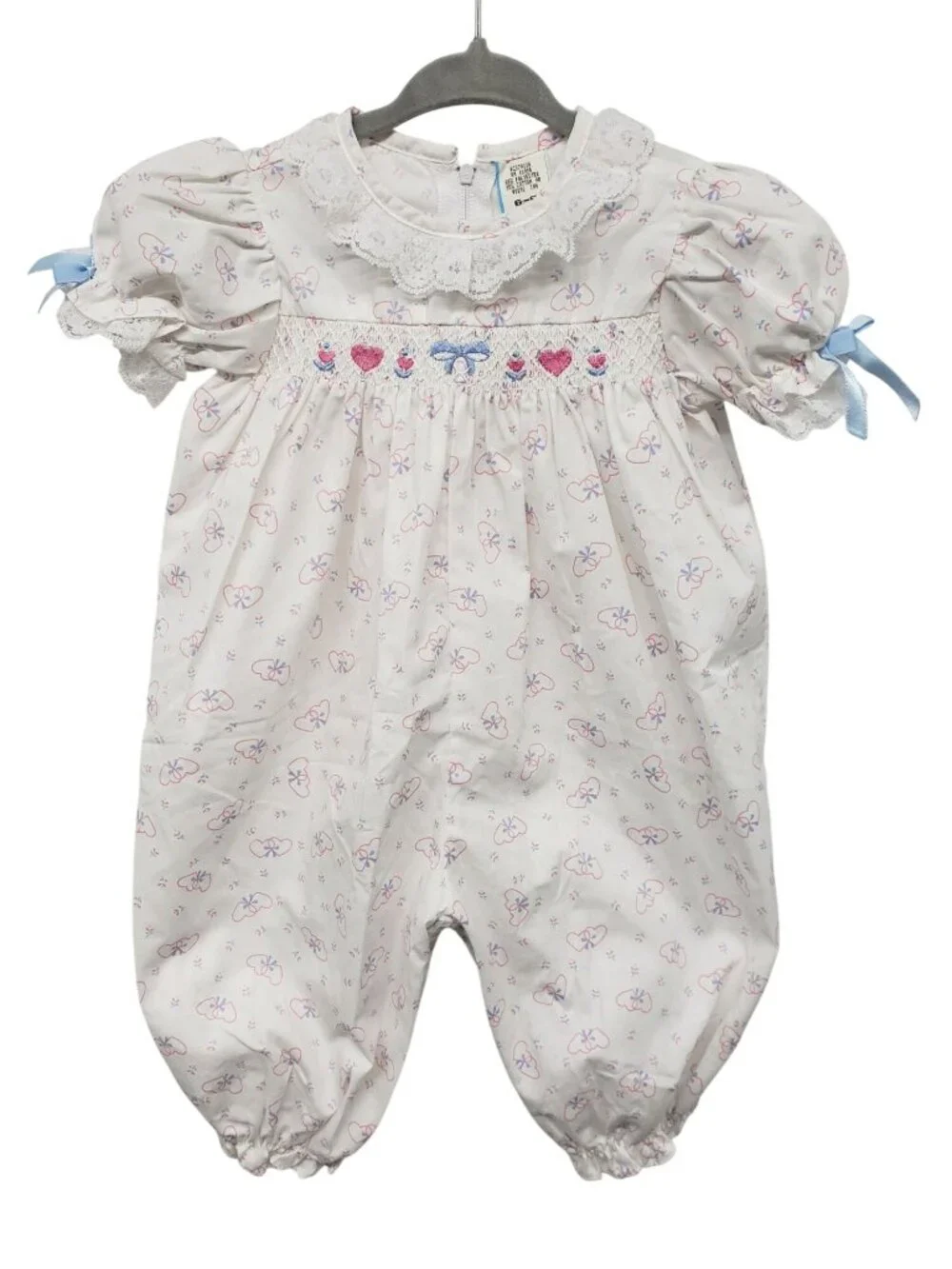 Vintage Baby Girl Smocked Bubble Romper Puff Sleeve Bow Heart White Pink 6-9 Mos